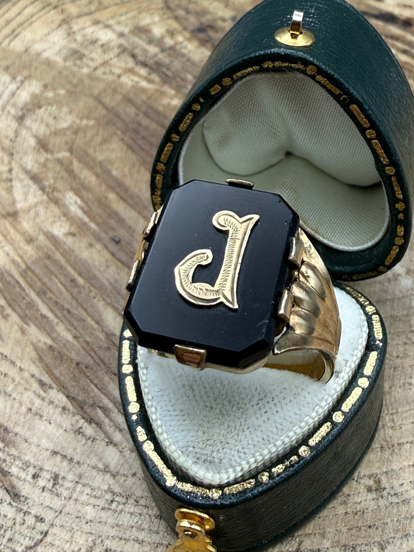 Antique 'Initial J' Mourning Ring, Onyx & Rolled Gold in Size S