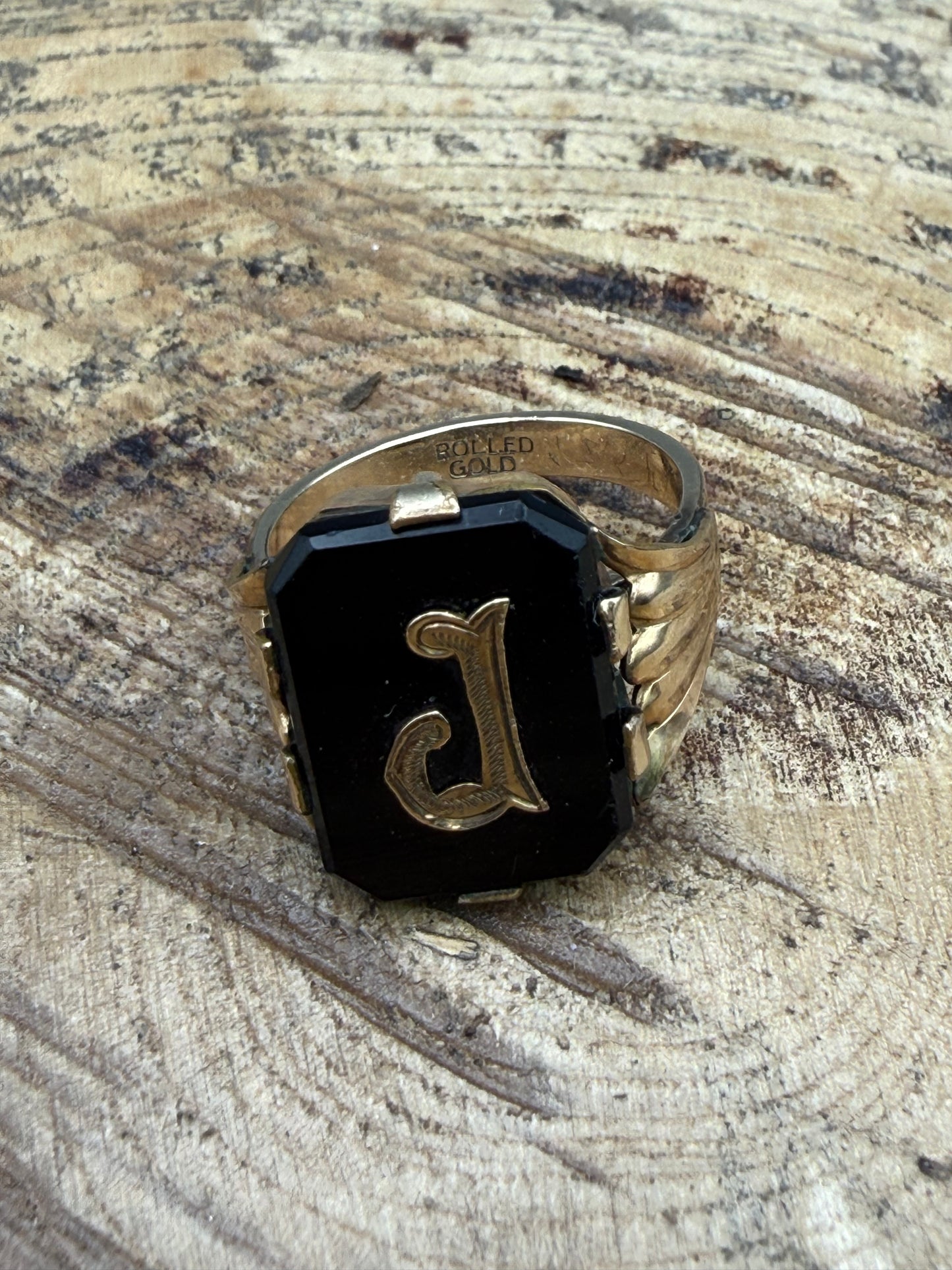 Antique 'Initial J' Mourning Ring, Onyx & Rolled Gold in Size S