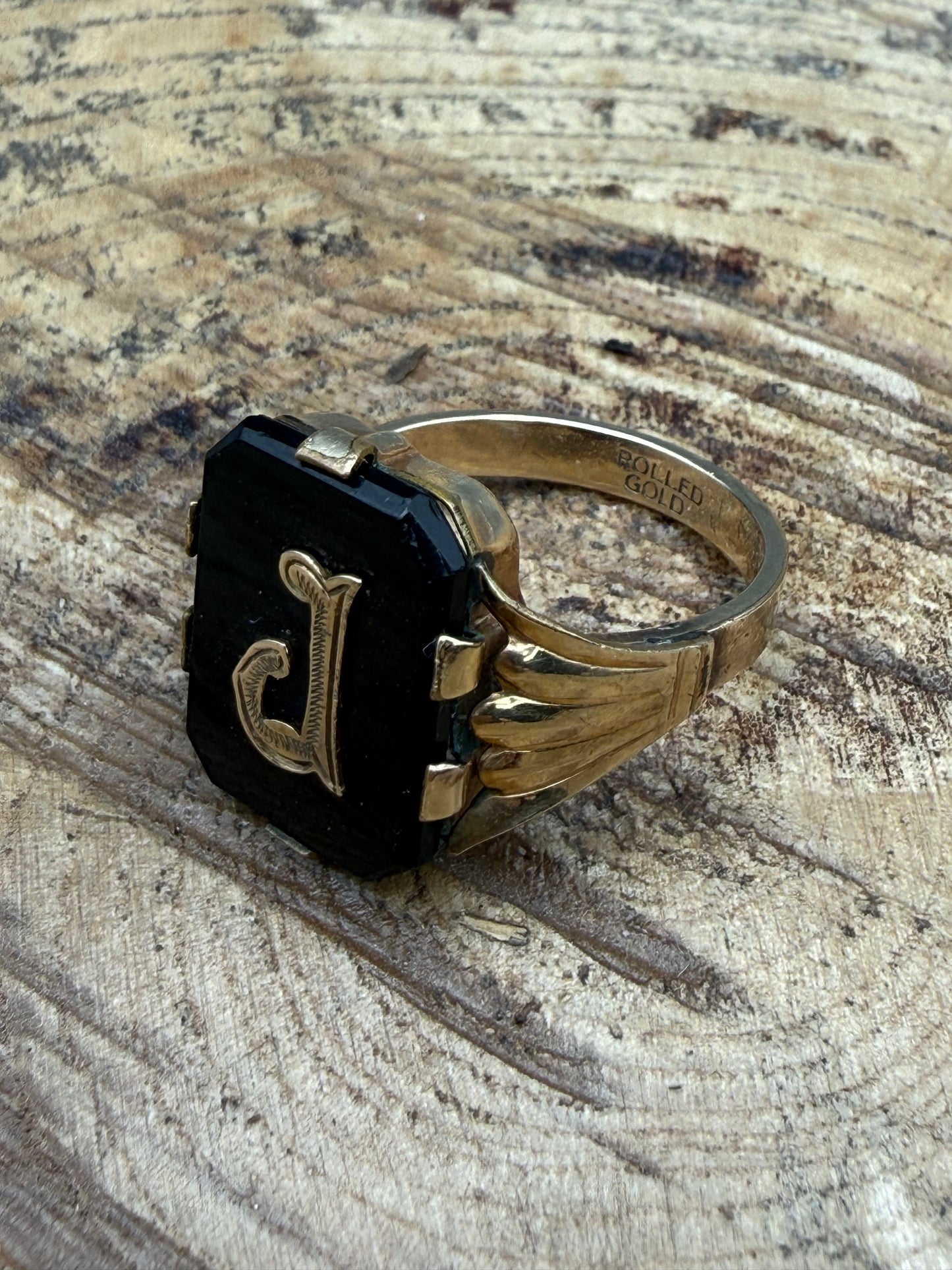 Antique 'Initial J' Mourning Ring, Onyx & Rolled Gold in Size S