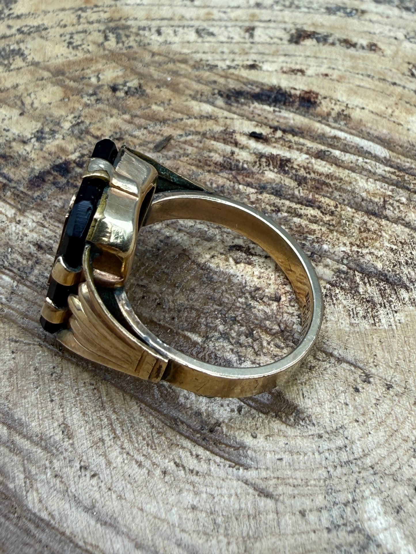 Antique 'Initial J' Mourning Ring, Onyx & Rolled Gold in Size S