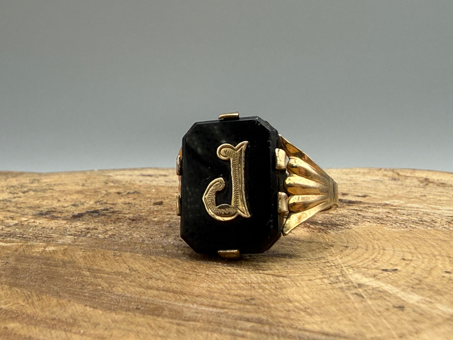 Antique 'Initial J' Mourning Ring, Onyx & Rolled Gold in Size S