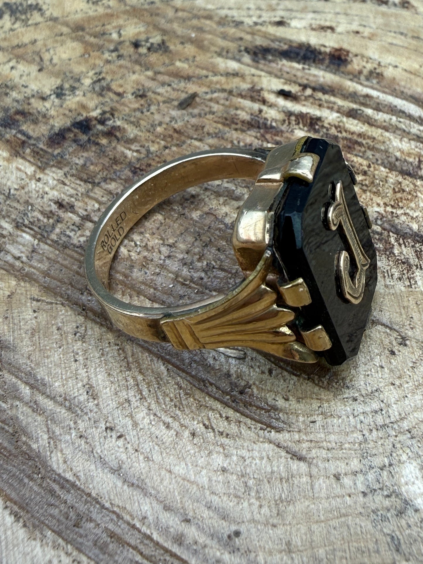 Antique 'Initial J' Mourning Ring, Onyx & Rolled Gold in Size S