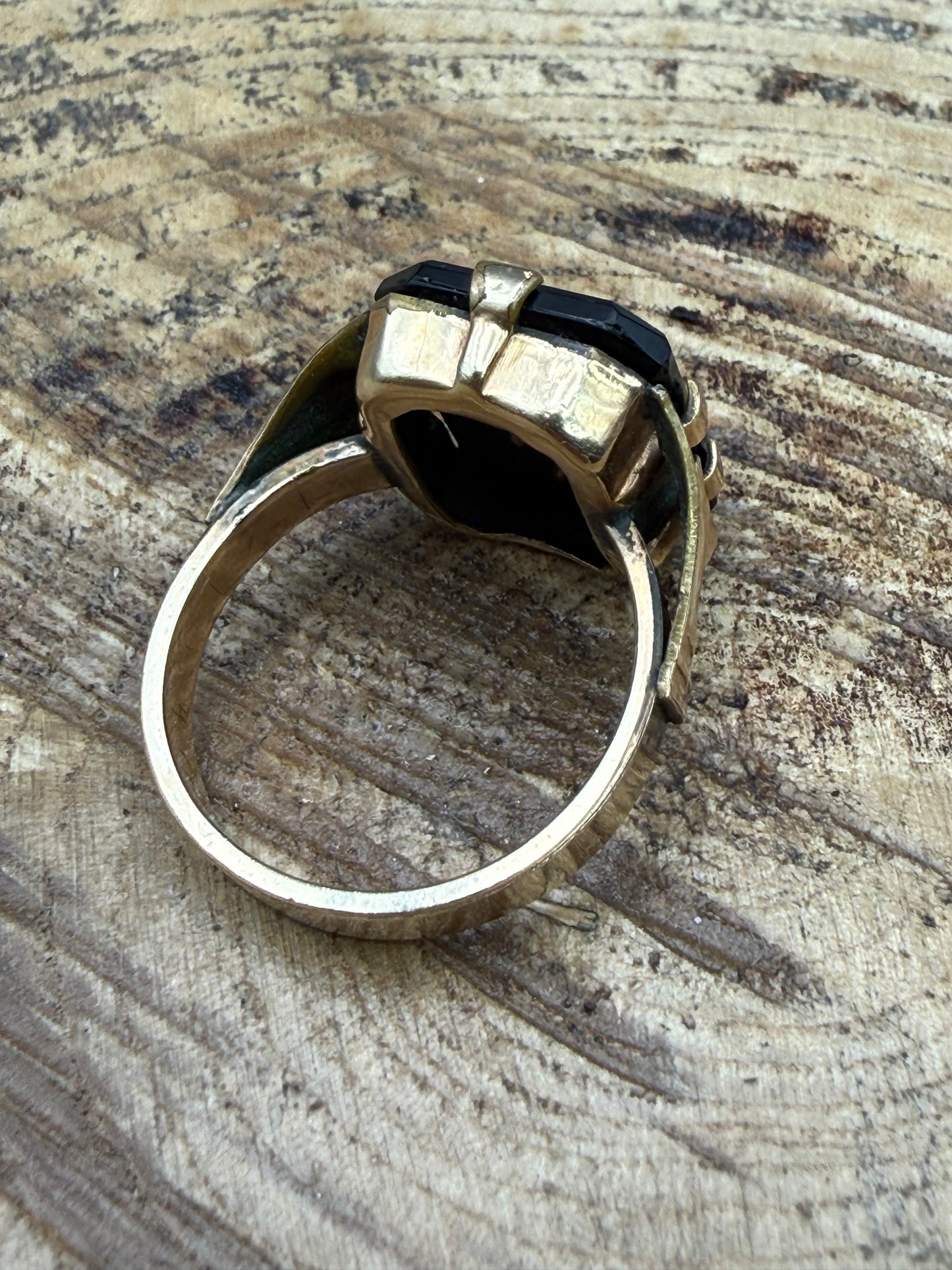 Antique 'Initial J' Mourning Ring, Onyx & Rolled Gold in Size S