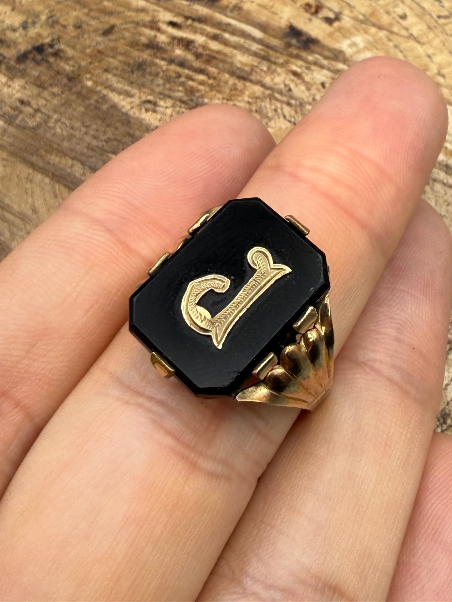Antique 'Initial J' Mourning Ring, Onyx & Rolled Gold in Size S