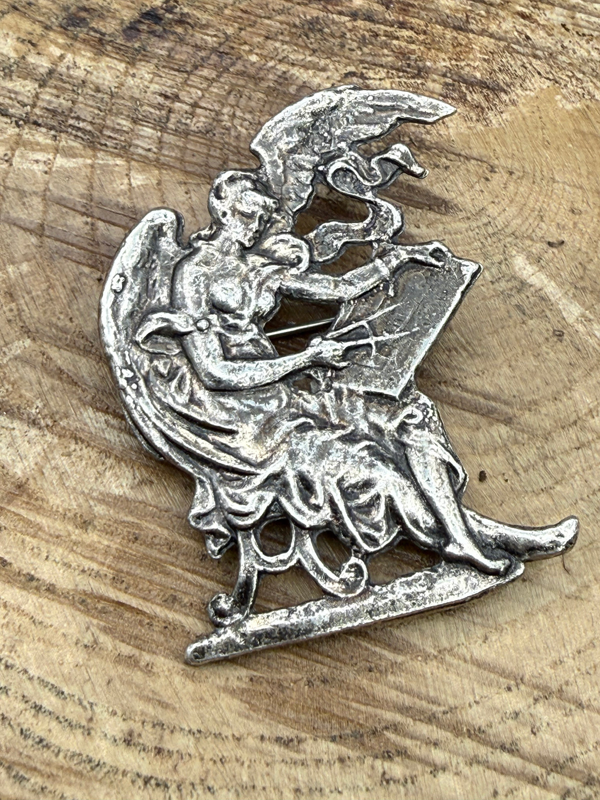 Art Nouveau Style Winged Lady Brooch, Silver Plated