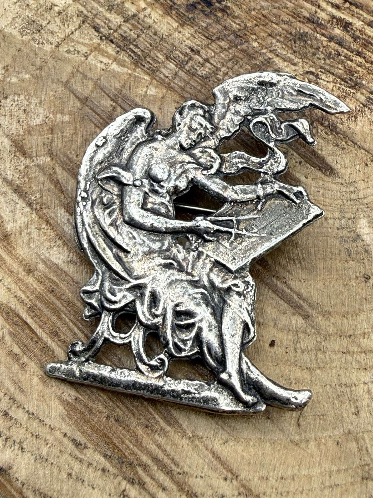 Art Nouveau Style Winged Lady Brooch, Silver Plated