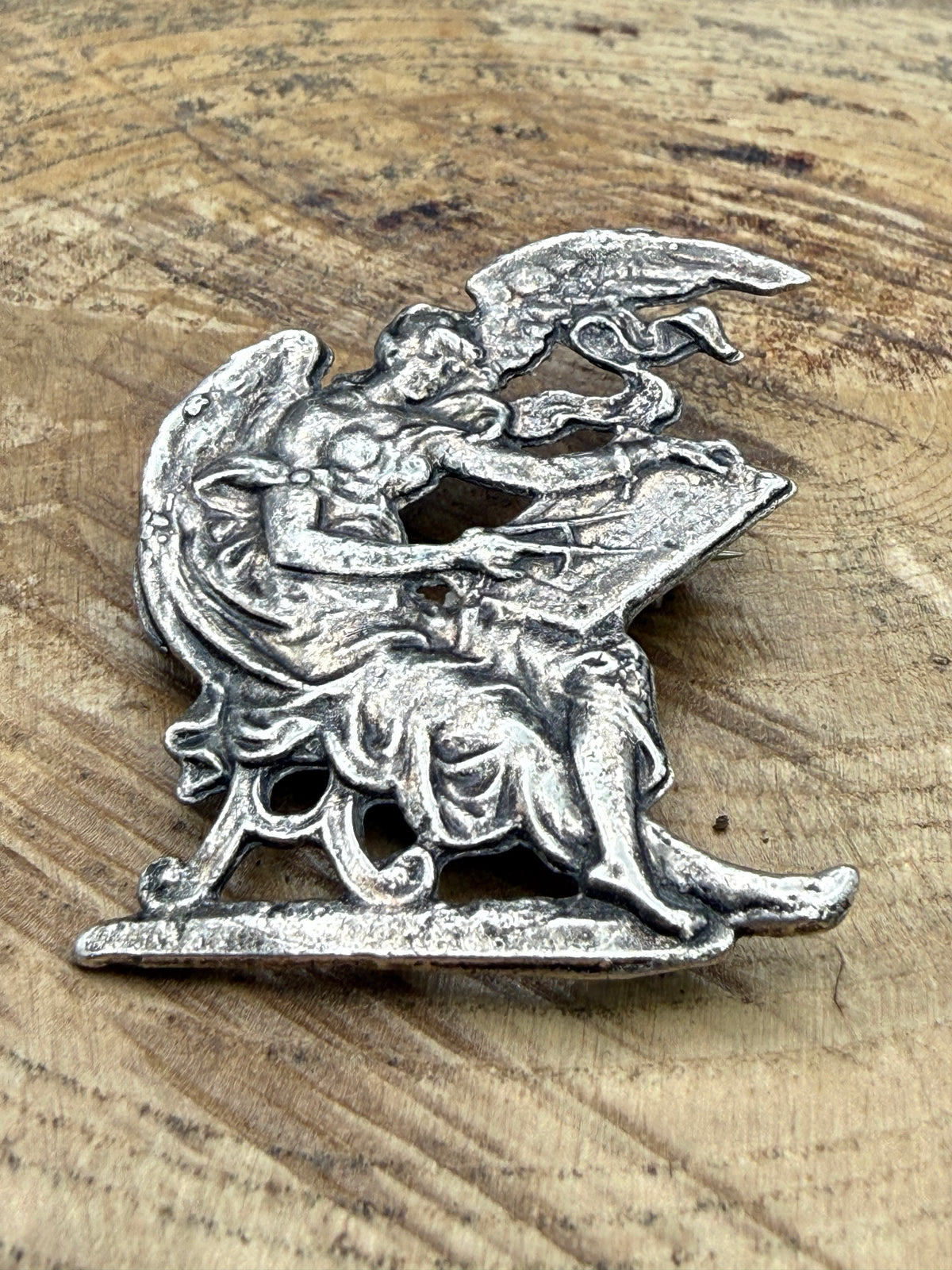 Art Nouveau Style Winged Lady Brooch, Silver Plated