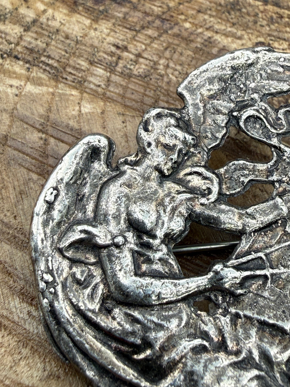 Art Nouveau Style Winged Lady Brooch, Silver Plated