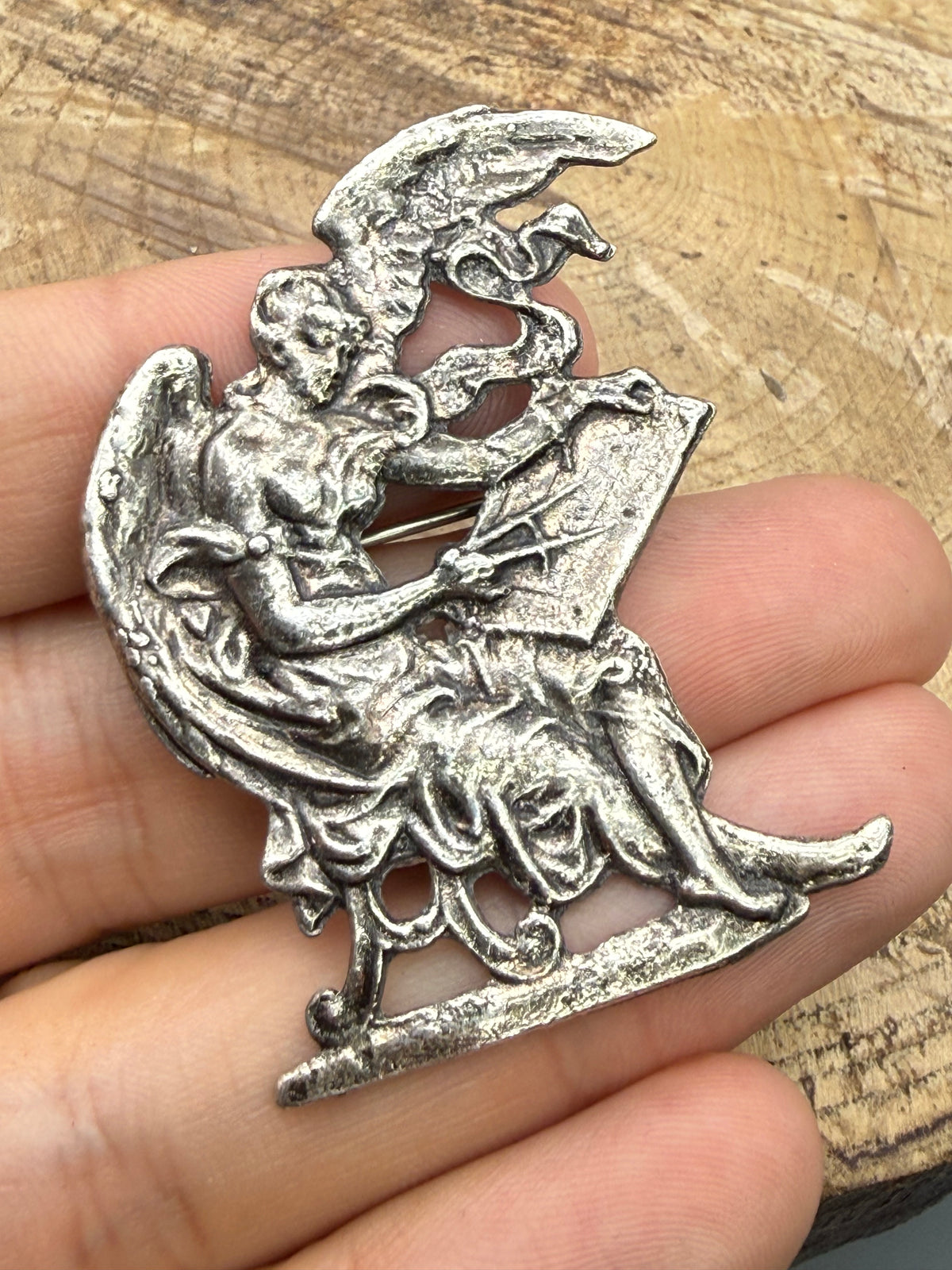 Art Nouveau Style Winged Lady Brooch, Silver Plated