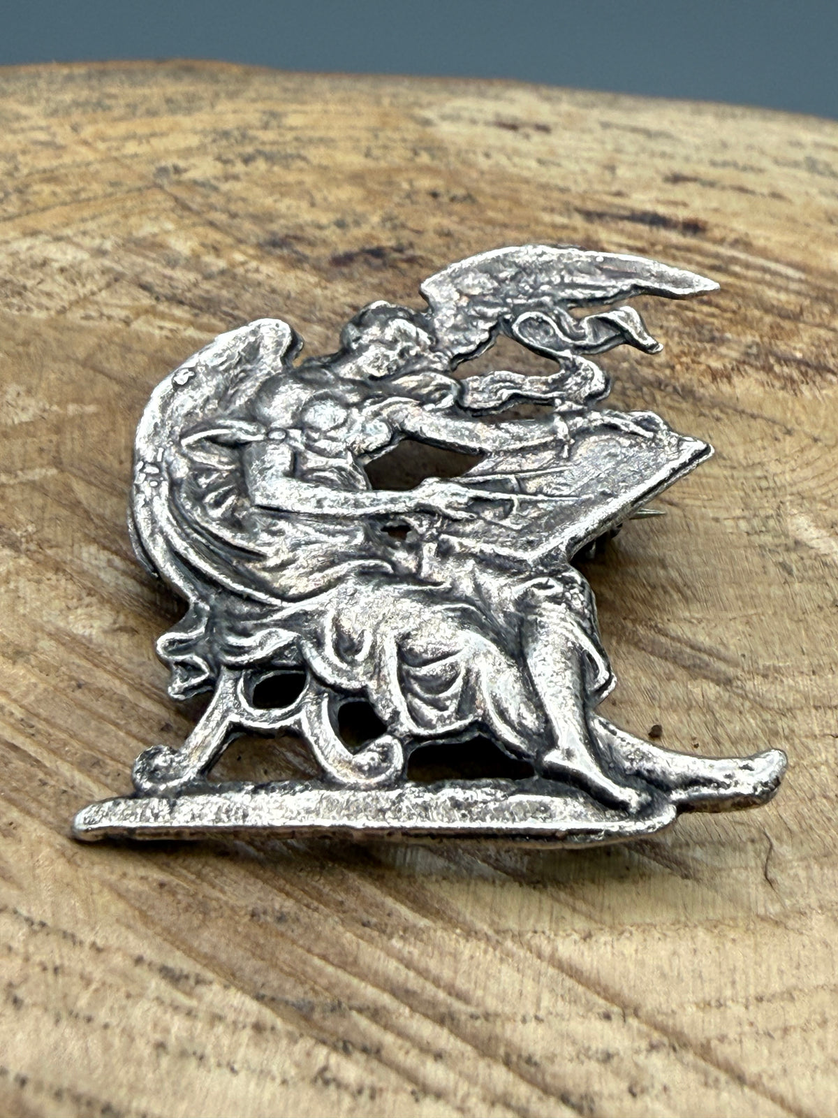 Art Nouveau Style Winged Lady Brooch, Silver Plated