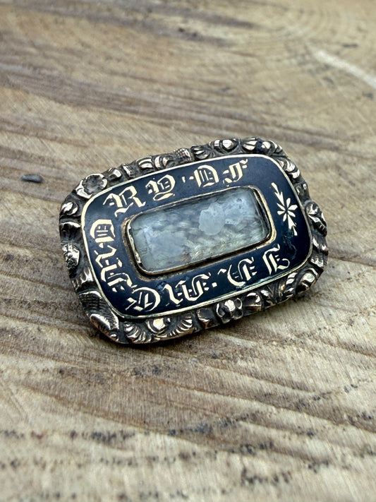 Antique Gilt Mourning Brooch, Black Enamel & Blonde Hairwork