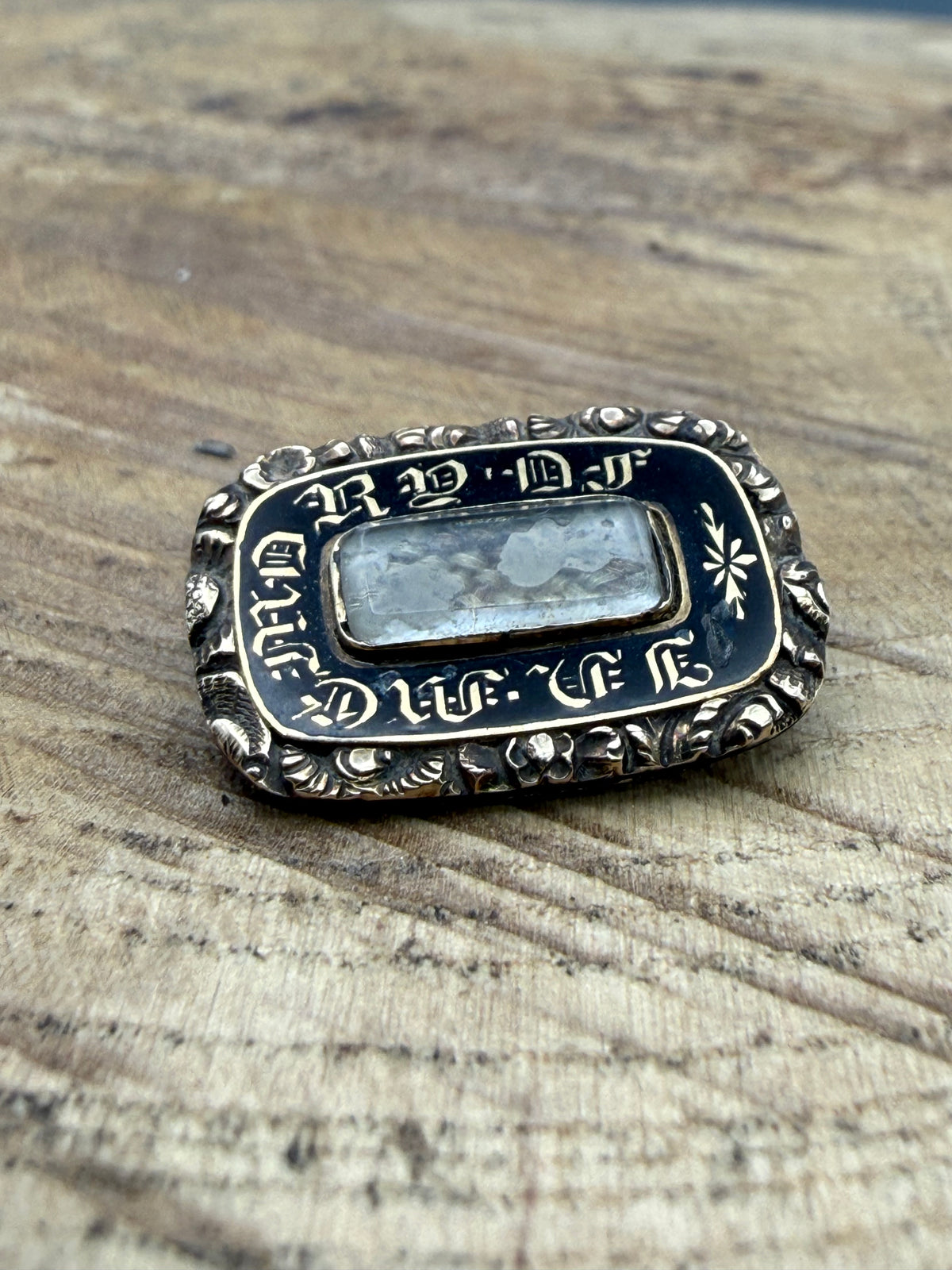 Antique Gilt Mourning Brooch, Black Enamel & Blonde Hairwork