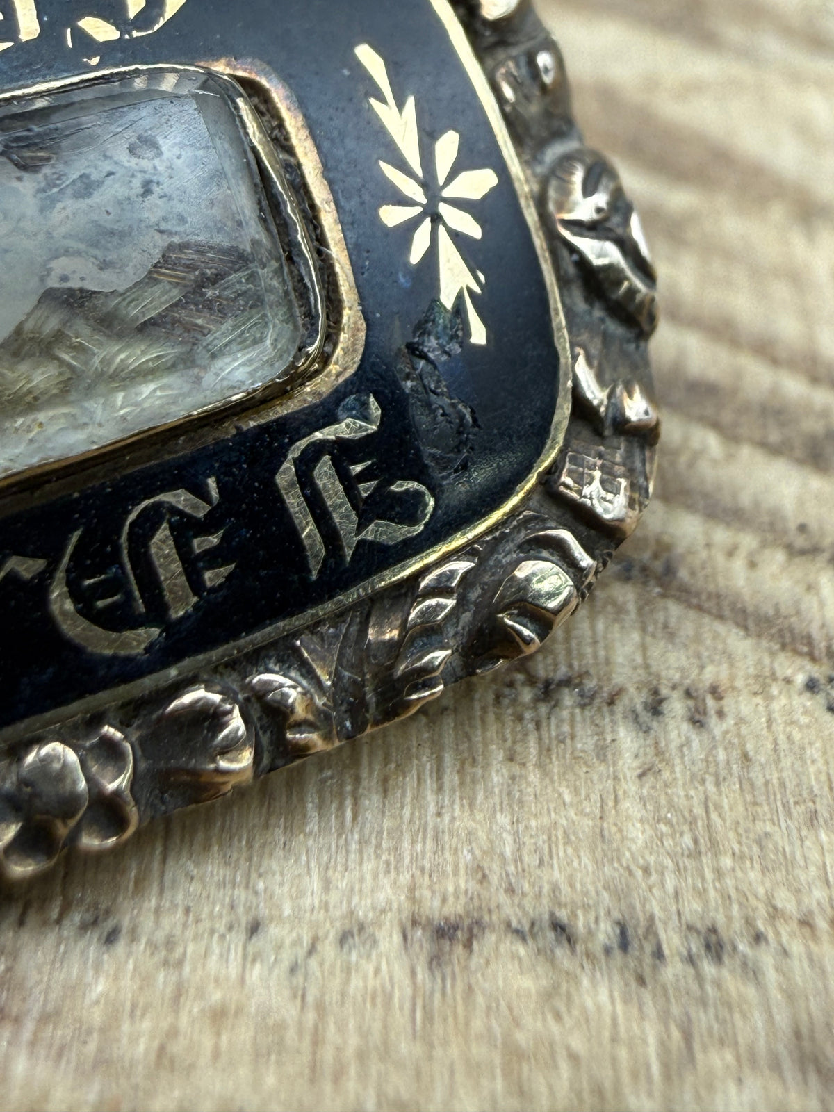 Antique Gilt Mourning Brooch, Black Enamel & Blonde Hairwork
