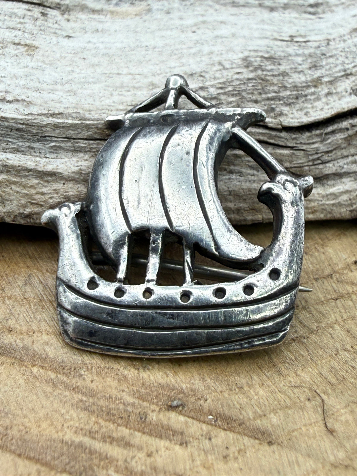 Vintage Sterling Silver Viking Longship Brooch, Iona 1936