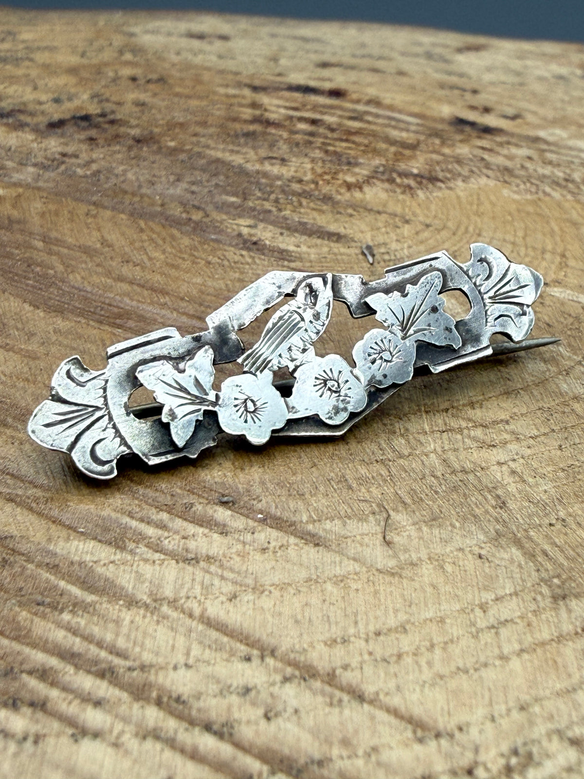Victorian Songbird Sweetheart Brooch, Antique Sterling Silver