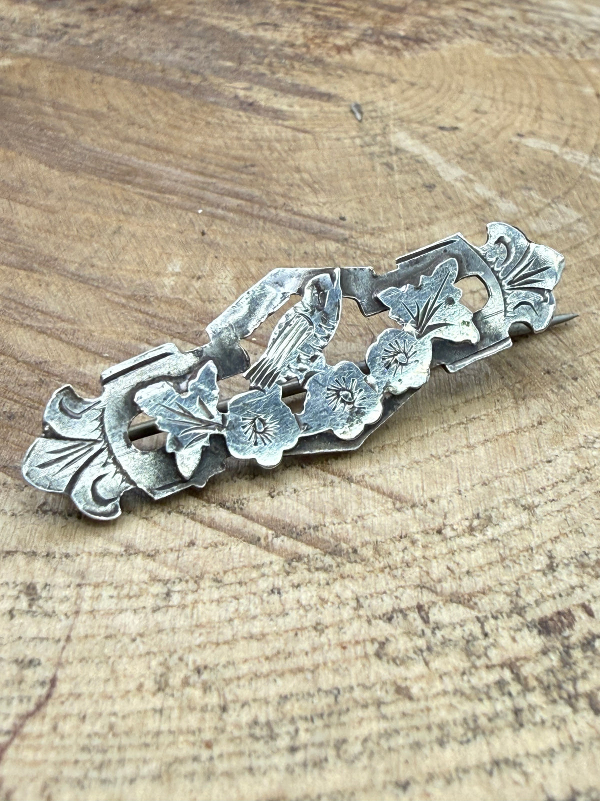 Victorian Songbird Sweetheart Brooch, Antique Sterling Silver