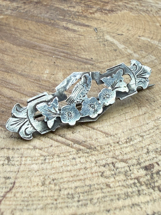 Victorian Songbird Sweetheart Brooch, Antique Sterling Silver
