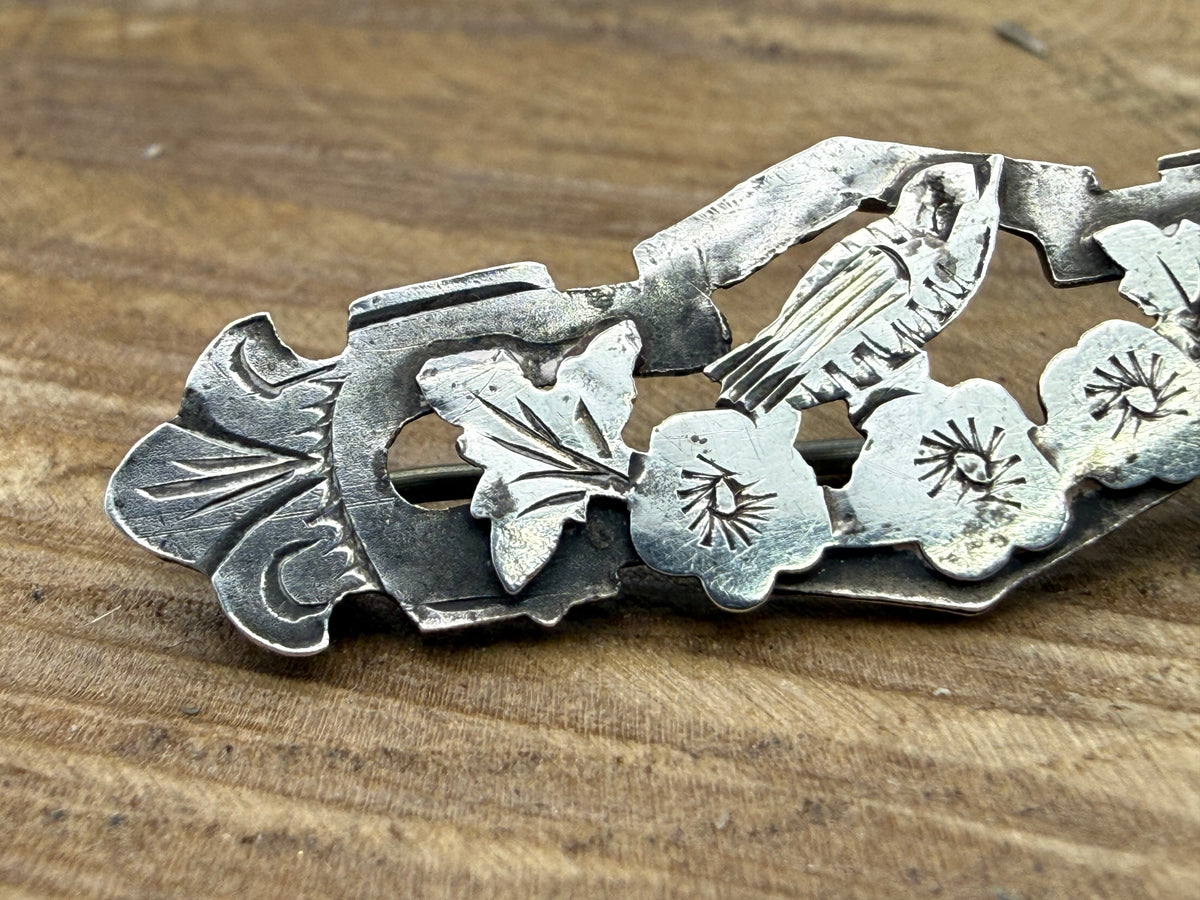 Victorian Songbird Sweetheart Brooch, Antique Sterling Silver