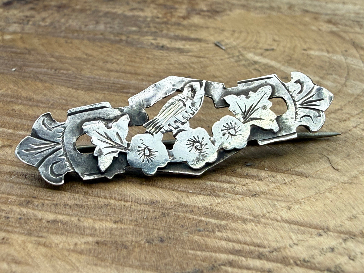 Victorian Songbird Sweetheart Brooch, Antique Sterling Silver
