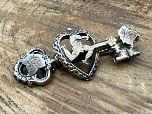 Victorian Sterling Silver Key & Heart Sweetheart Brooch