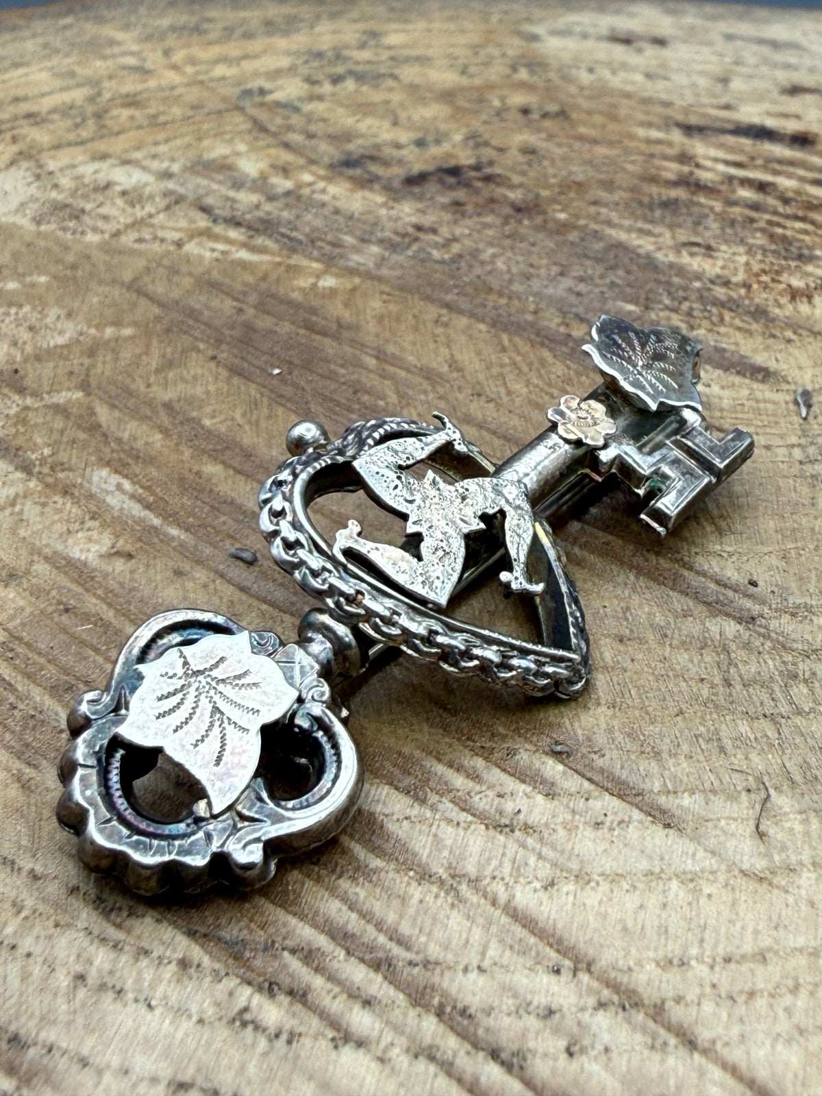 Victorian Sterling Silver Key & Heart Sweetheart Brooch