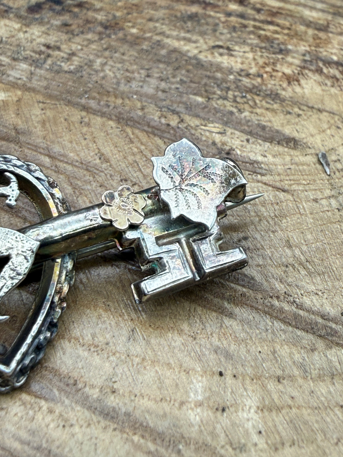 Victorian Sterling Silver Key & Heart Sweetheart Brooch