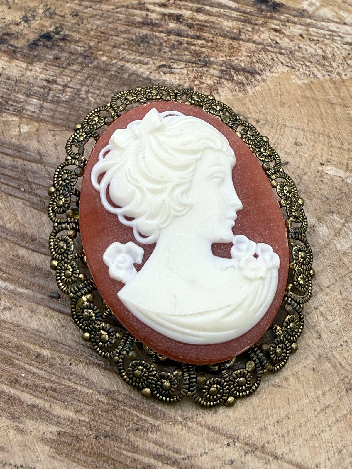 Vintage West German Cameo Brooch, Resin & Filigree