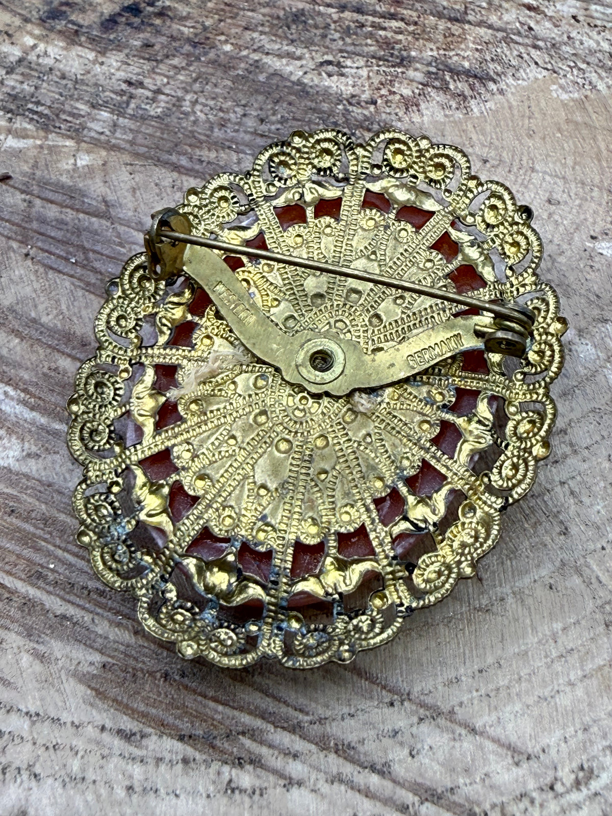 Vintage West German Cameo Brooch, Resin & Filigree