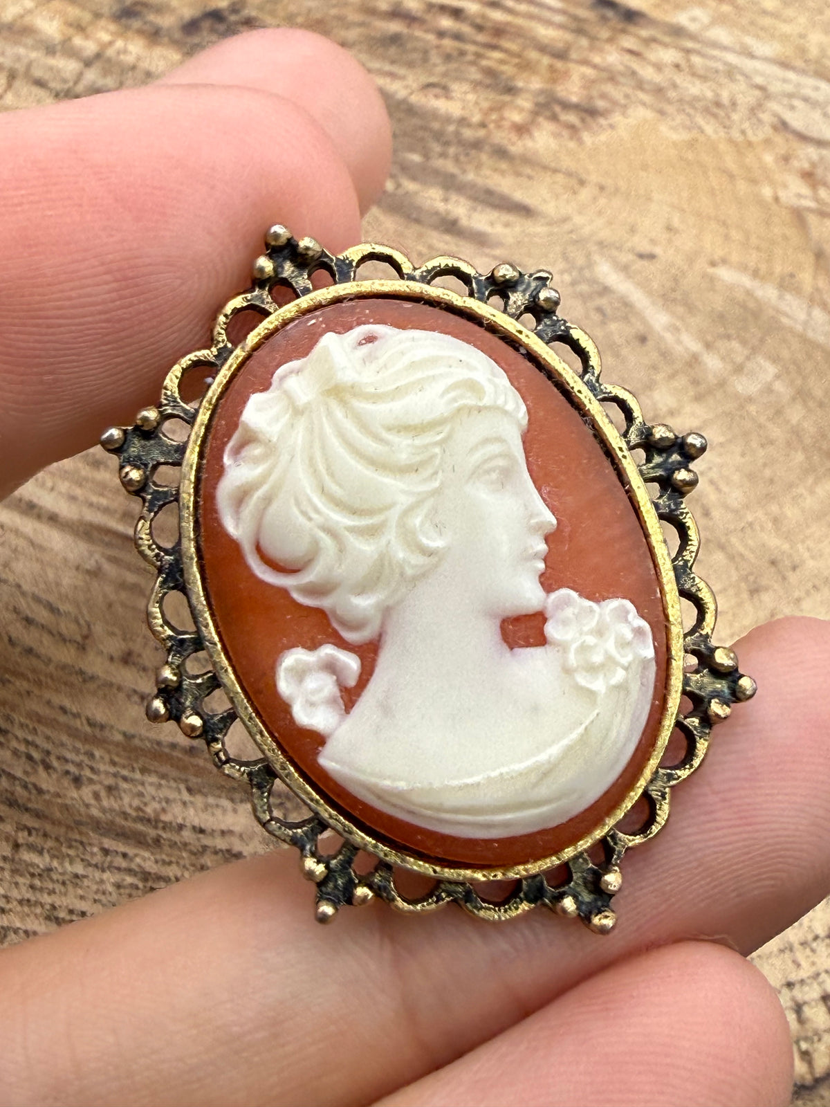 Vintage Cameo Brooch with Beaded Openwork Frame