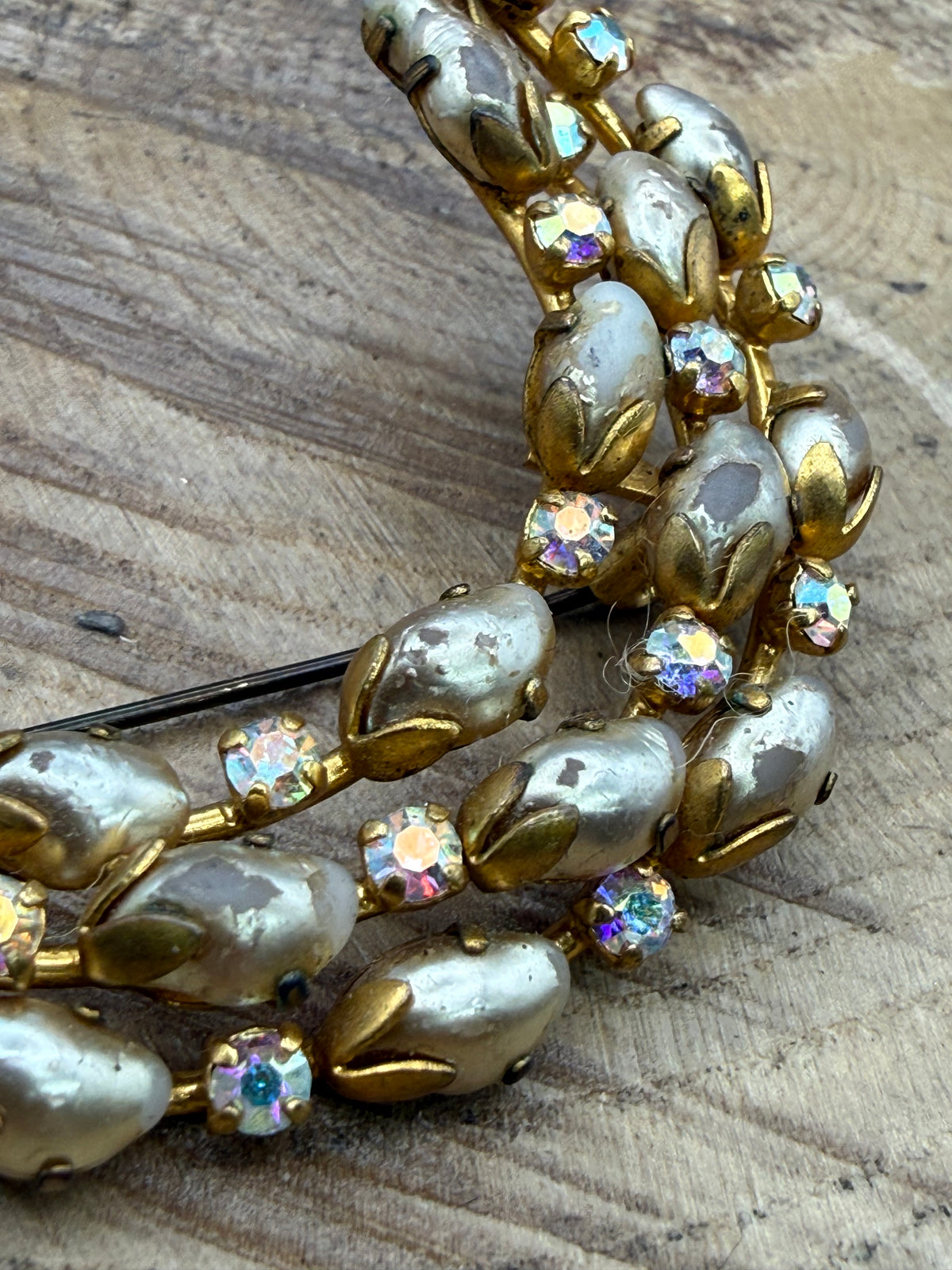 Vintage Sparkly Crescent Brooch, Aurora Borealis Rhinestones