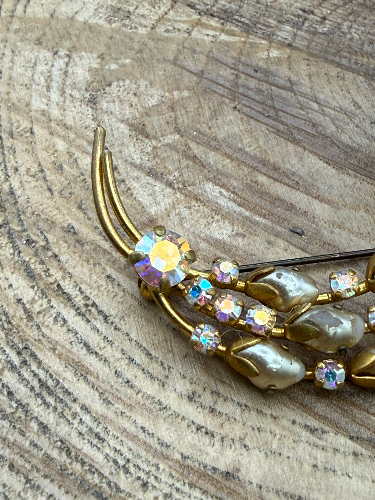 Vintage Sparkly Crescent Brooch, Aurora Borealis Rhinestones