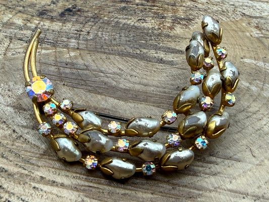 Vintage Sparkly Crescent Brooch, Aurora Borealis Rhinestones