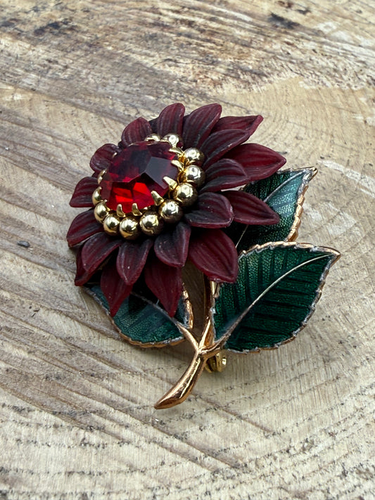 Vintage Burgundy Flower Brooch