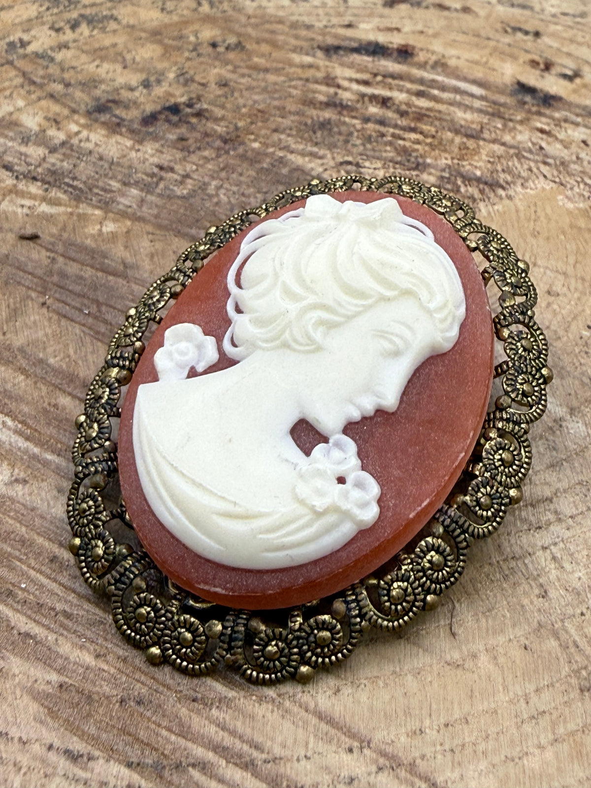 Vintage West German Cameo Brooch, Resin & Filigree