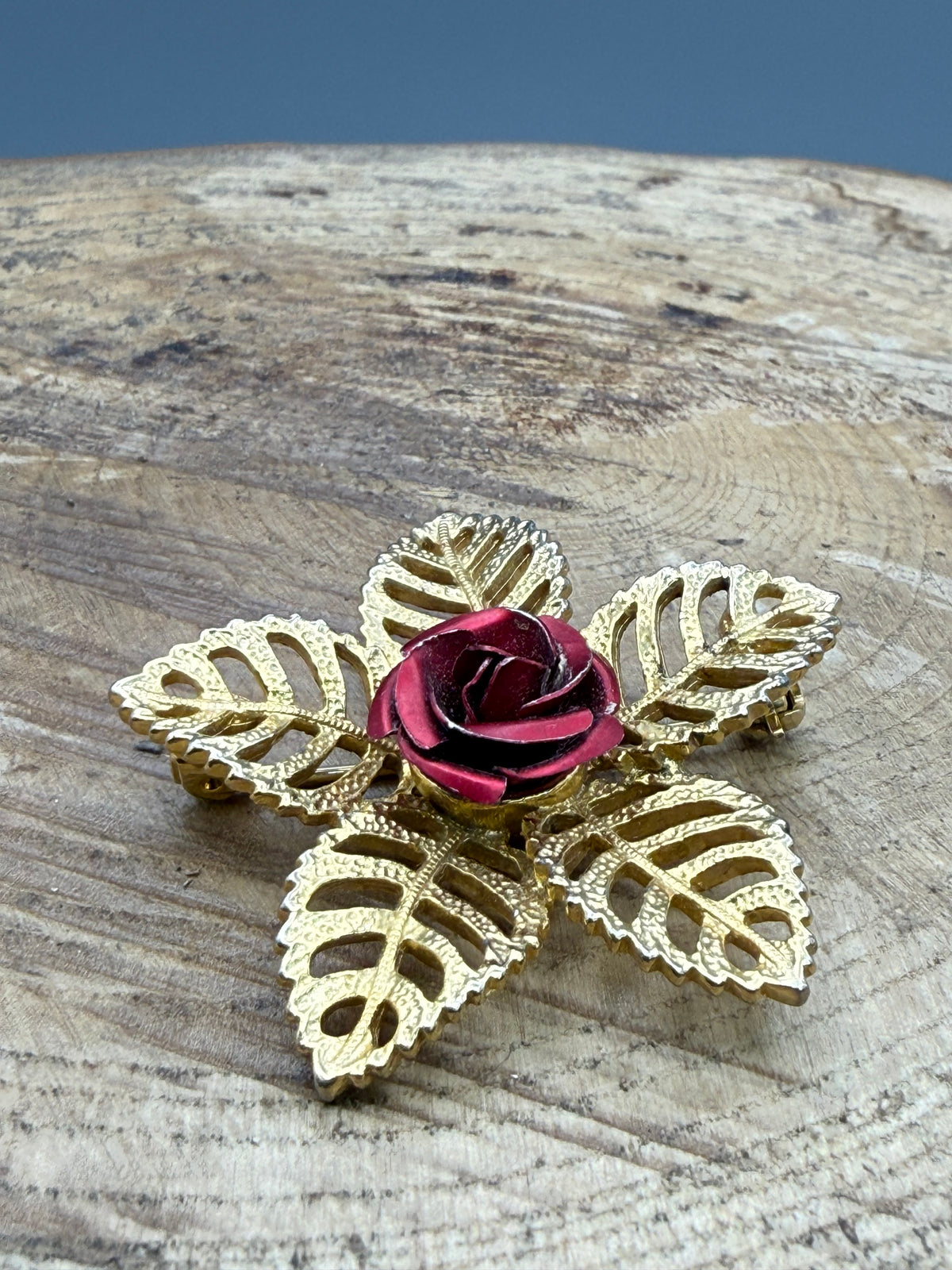 Vintage Gold Tone Rose Brooch with Openwork Leaves