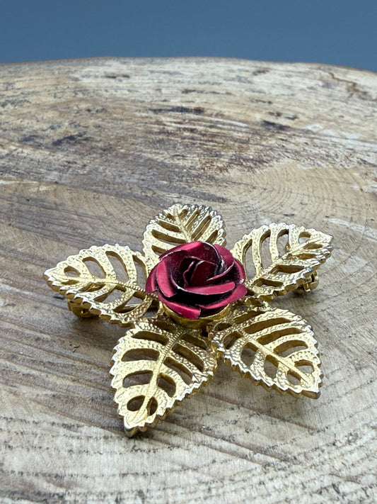 Vintage Gold Tone Rose Brooch with Openwork Leaves
