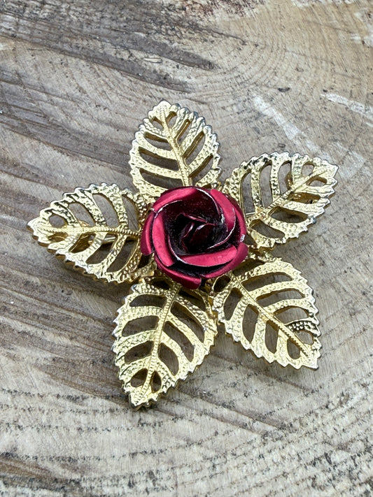 Vintage Gold Tone Rose Brooch with Openwork Leaves