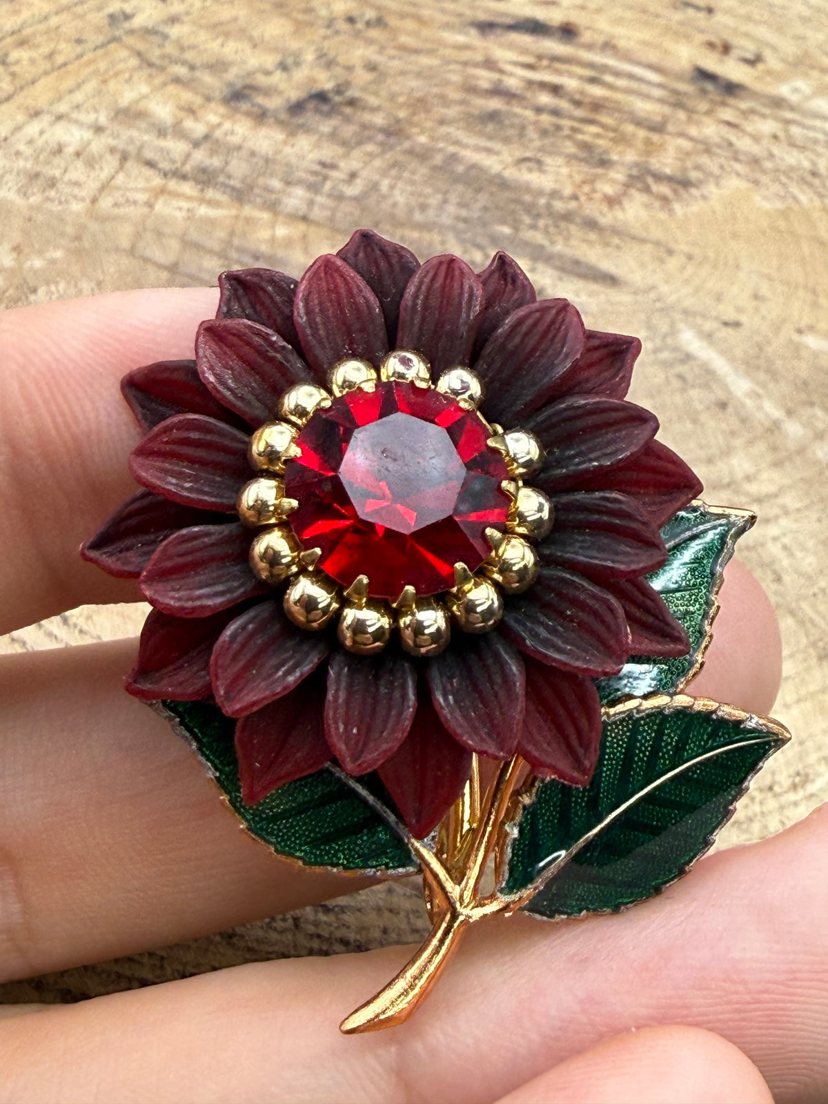 Vintage Burgundy Flower Brooch