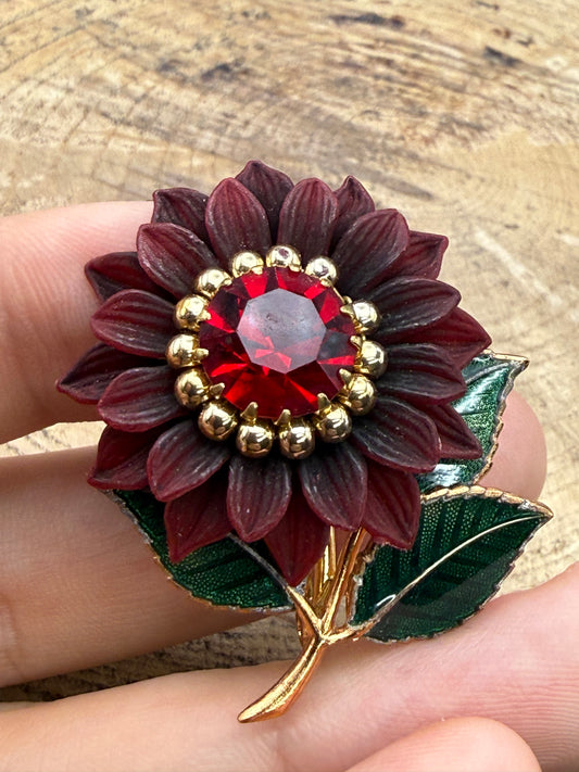 Vintage Burgundy Flower Brooch