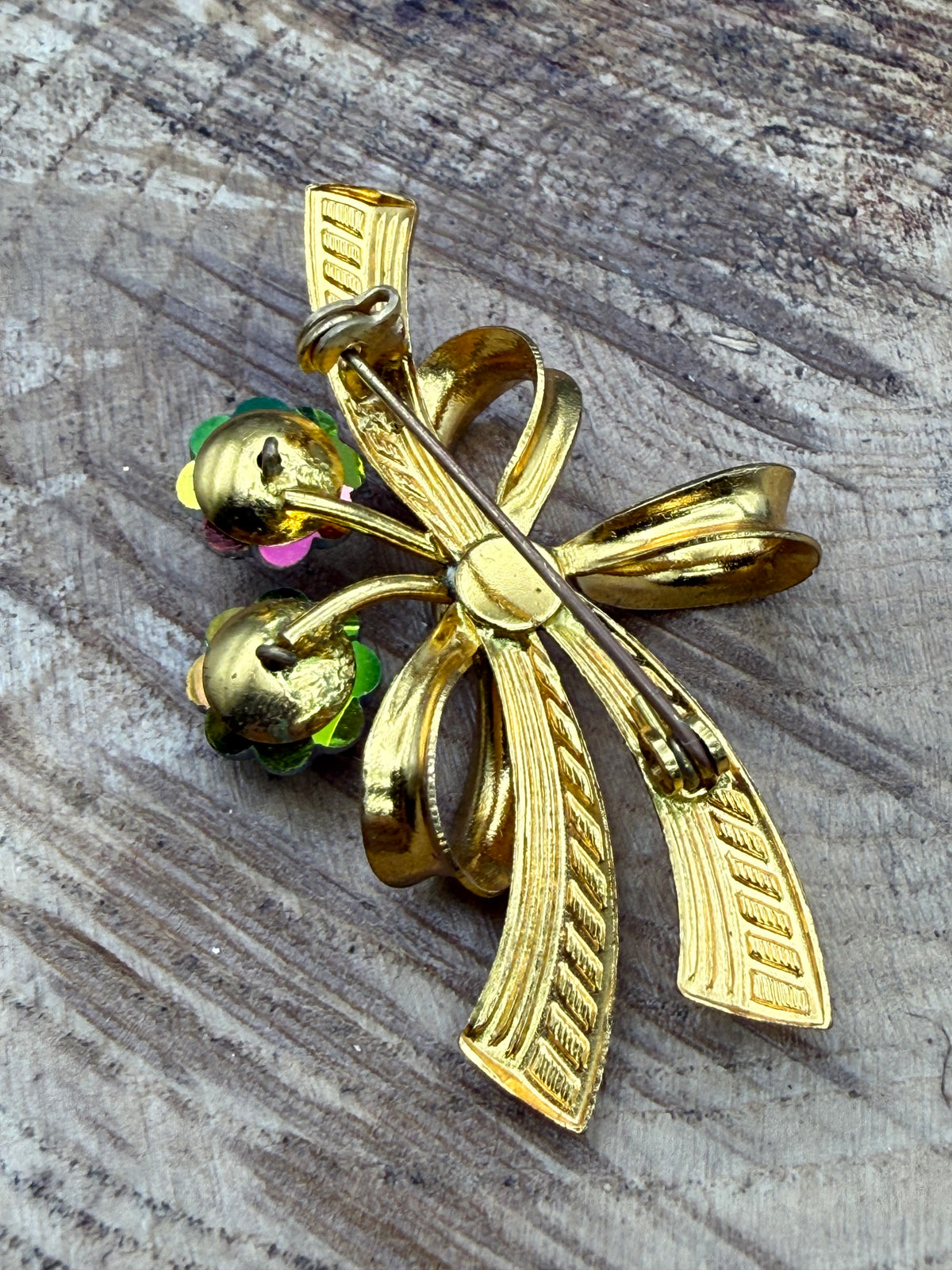 Vintage Gold Tone Bow Brooch with Rhinestone Flowers
