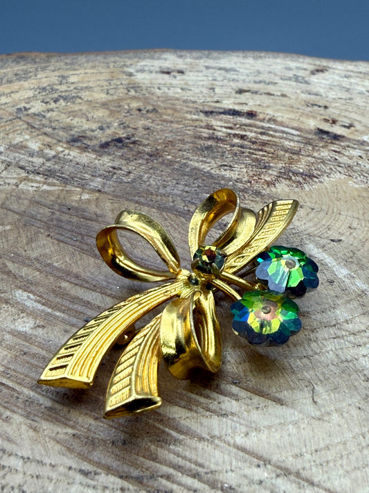 Vintage Gold Tone Bow Brooch with Rhinestone Flowers