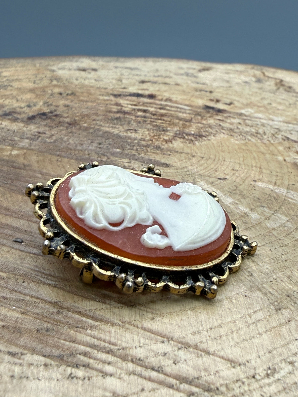 Vintage Cameo Brooch with Beaded Openwork Frame