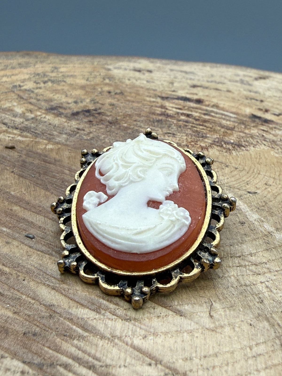 Vintage Cameo Brooch with Beaded Openwork Frame