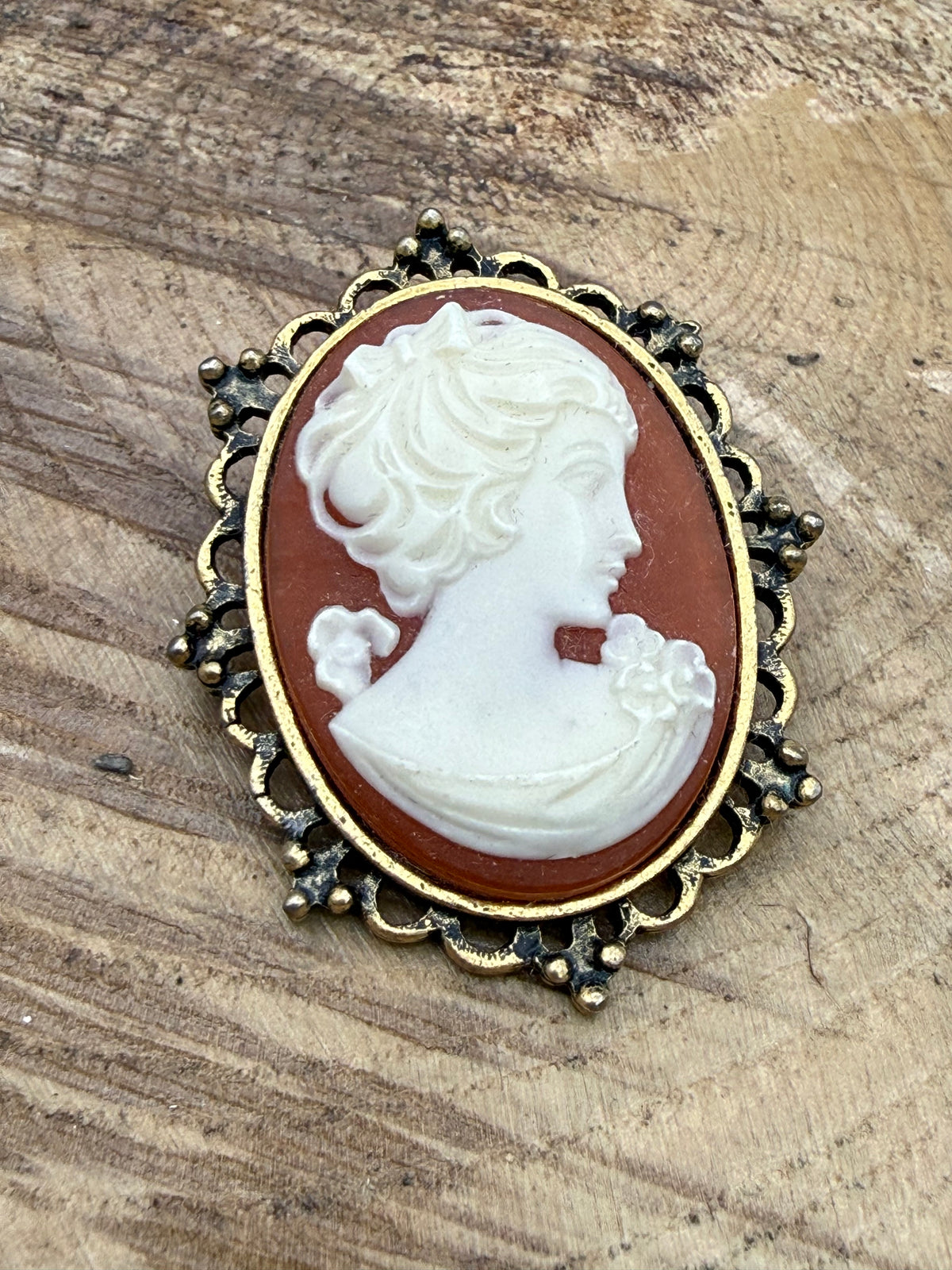 Vintage Cameo Brooch with Beaded Openwork Frame