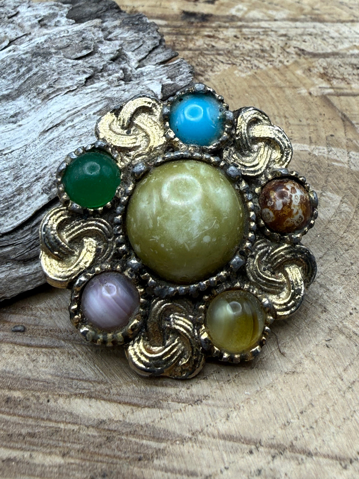 Vintage Gold Tone Celtic Cluster Brooch, Faux Agate