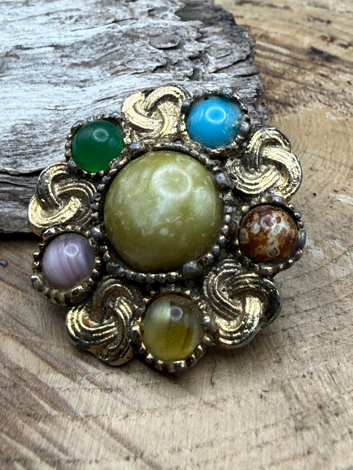 Vintage Gold Tone Celtic Cluster Brooch, Faux Agate