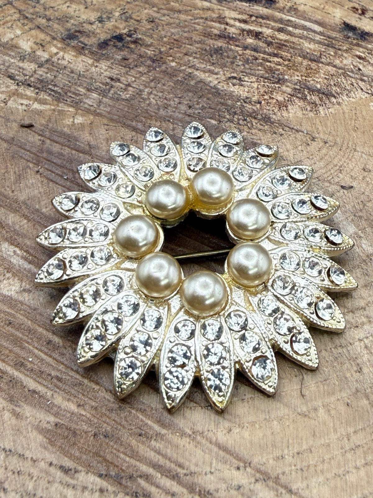 Vintage Starburst Brooch, Faux Pearl & Rhinestone