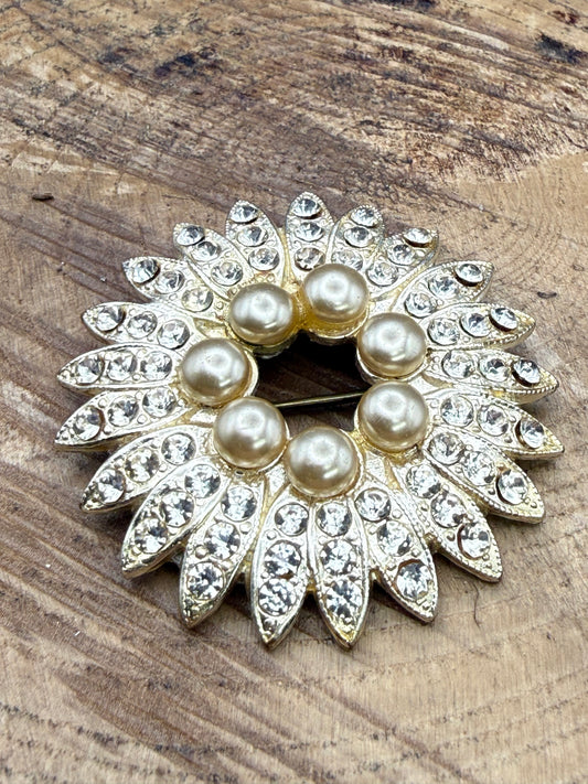 Vintage Starburst Brooch, Faux Pearl & Rhinestone