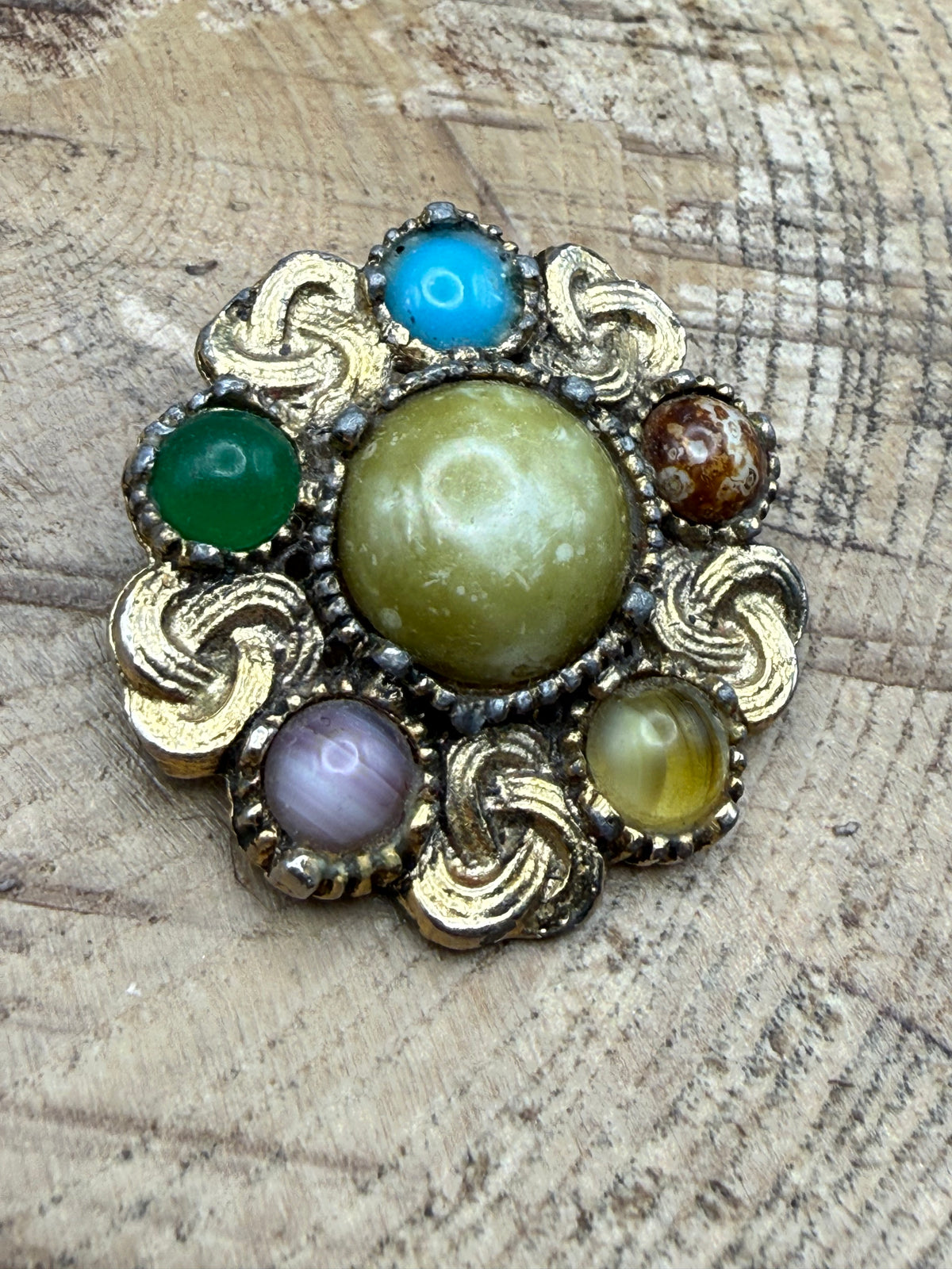 Vintage Gold Tone Celtic Cluster Brooch, Faux Agate
