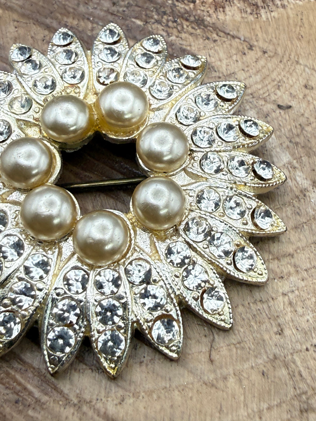 Vintage Starburst Brooch, Faux Pearl & Rhinestone